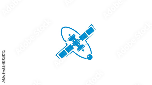 Vector illustration of global light blue satellite orbiting planet for communication.
