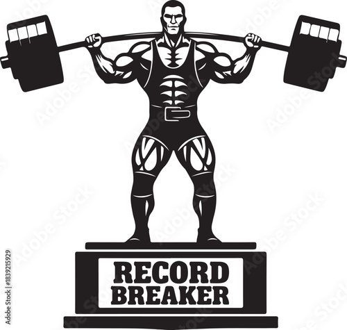 Record breaker weightlifter on podium with barbell strongman weightlifting