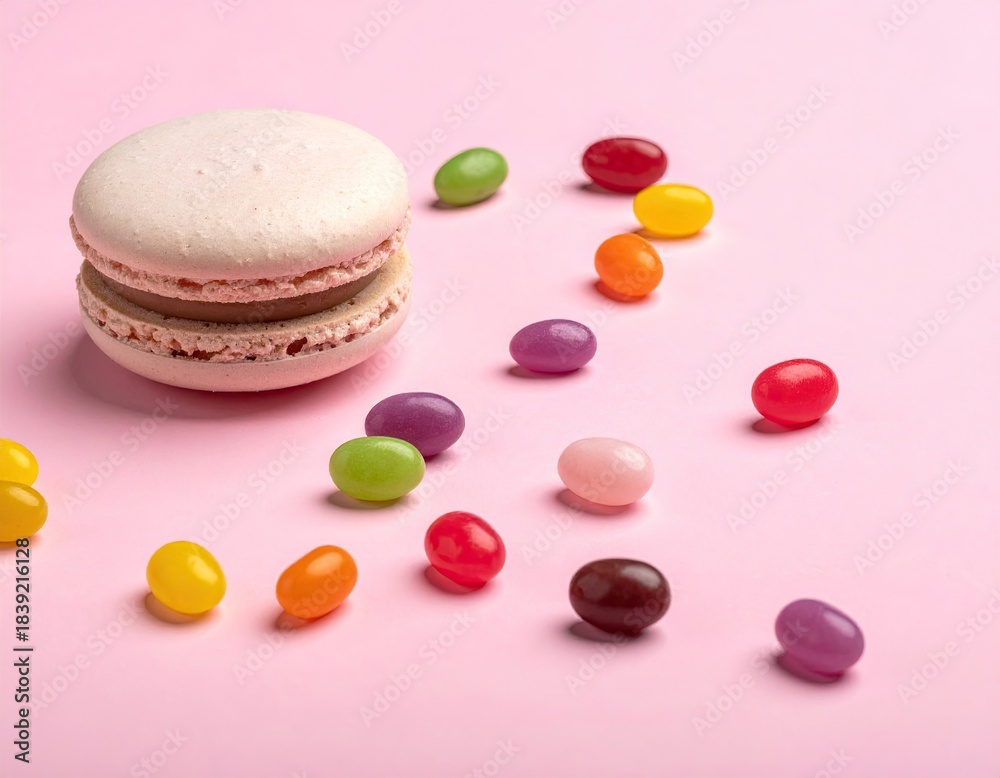 Obraz premium Macaron stack with jellybeans on pink backdrop