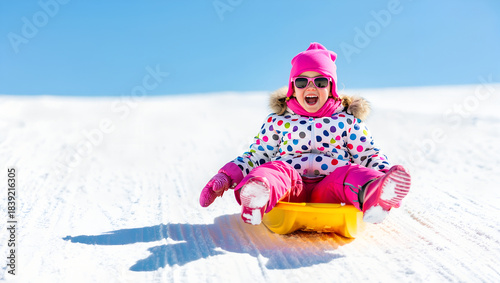 Girl smiling while sledding down snowy hill on a bright winter day  