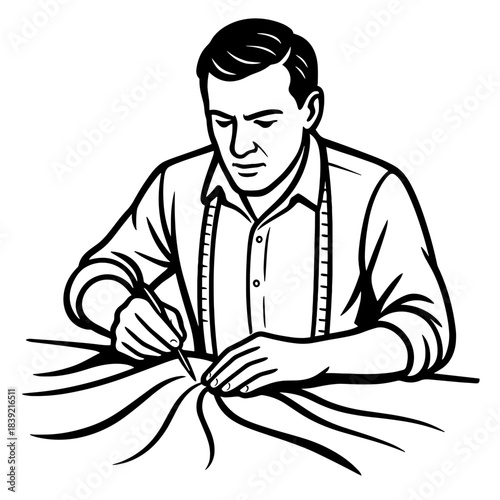 Tailor marking fabric with precision in minimalist black and white style