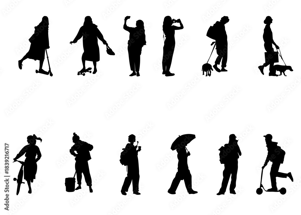 Fototapeta premium A dynamic set of 12 modern urban silhouettes featuring people walking, riding scooters, traveling and walking dogs. Perfect for lifestyle graphics, fashion layouts, UI illustrations, educational.