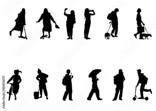 A dynamic set of 12 modern urban silhouettes featuring people walking, riding scooters, traveling and walking dogs. Perfect for lifestyle graphics, fashion layouts, UI illustrations, educational.