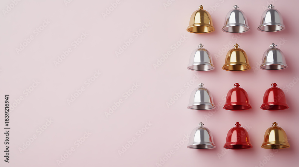 Obraz premium Festive array of gold, silver, and red bells on a soft pink background, evoking a sense of holiday cheer. Minimalist, clean aesthetic ideal for seasonal designs.