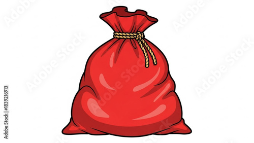 Brightly colored cartoon illustration of a large full red sack tied with a simple golden rope against a clean white background symbolizing holiday gifts or treasure