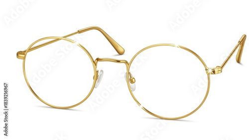 Elegant round gold wire rim eyeglasses with clear lenses and sparkling highlights isolated on a clean white background showcasing sophisticated optical accessory design