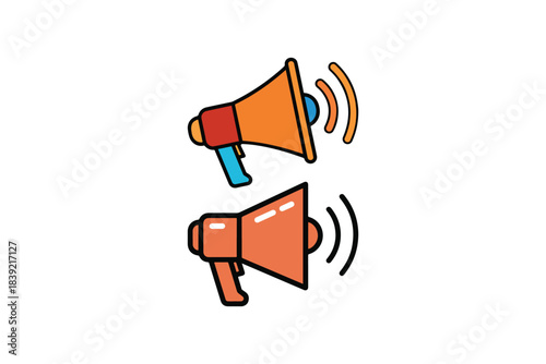 Two colorful cartoon megaphones with sound waves