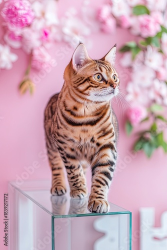 Curious Cat Among Pink Floral Background