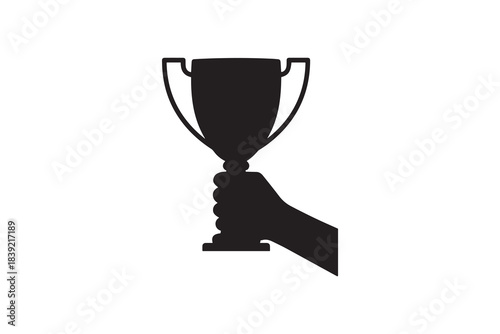 Hand holding winner trophy silhouette Victory cup achievement icon