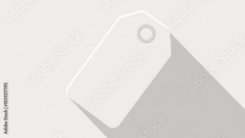 Minimalist white blank price tag mockup featuring a long shadow effect on a light neutral background perfect for branding and retail design concepts