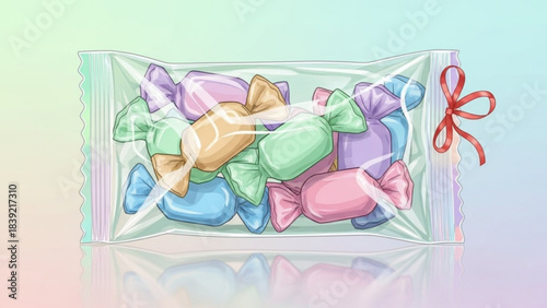 Assortment of colorful individually wrapped taffy candies tied with a festive red bow inside a clear plastic bag against a soft pastel background