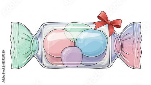 Adorable illustration of a clear candy wrapper filled with colorful pastel hard candies tied with a festive red bow perfect for sweet treats designs