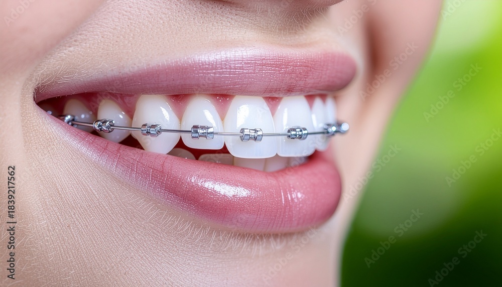 Obraz premium A clean macro shot of ceramic braces on white teeth, emphasizing transparent brackets and a natural aesthetic look.