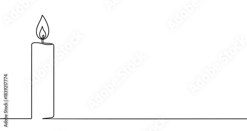 Candle icon. Black burning candle, written in one continuous line. Vector illustration of lighting and holidays