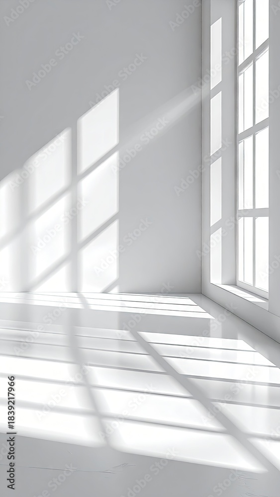 Fototapeta premium White room corner flooded with light from large window