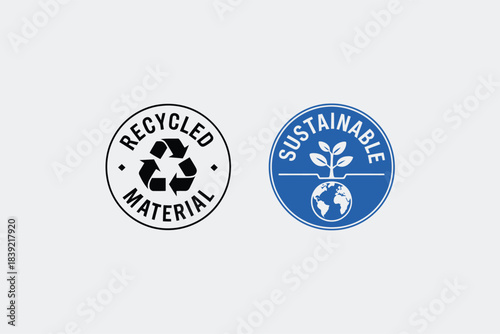 Recycled material and sustainable earth icons circular badges with recycling symbol and plant growing from globe isolated on white background