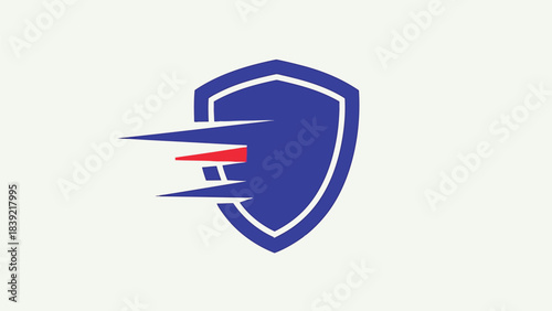 Vector illustration of blue shield logo design with speed lines, fast delivery.