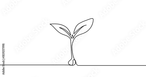 Continuous one line drawing of a young plant sprout with two leaves growing from the ground. Plant drawing with editable black stroke on white background. Vector illustration.