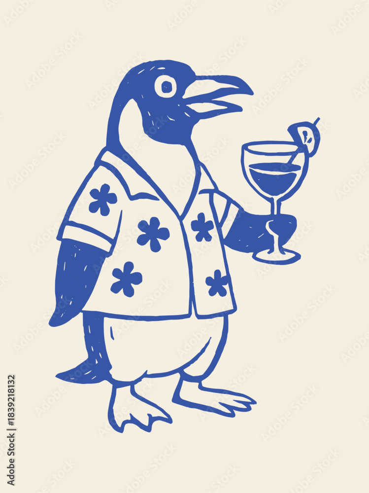 Naklejka premium Penguin with cocktail in Hawaiian shirt cartoon vector illustration