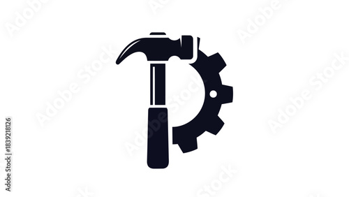 Vector illustration of dark hammer and cogwheel forming creative logo design.