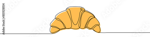 Continuous one line drawing of a yellow French croissant pastry. Drawing of a fresh baked good with editable black stroke on white background. Vector illustration.