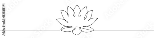 Continuous one line drawing of a lotus flower with many petals. Drawing of a floral plant with editable black stroke on white background. Vector illustration.