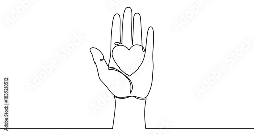 Continuous one line drawing of an open palm holding a heart silhouette. Drawing of help and care with editable black stroke on white background. Vector illustration.