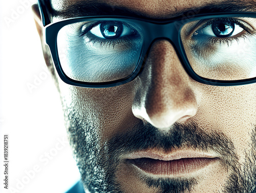 Close-up of a man wearing glasses on a white background, a man wearing glasses looks up