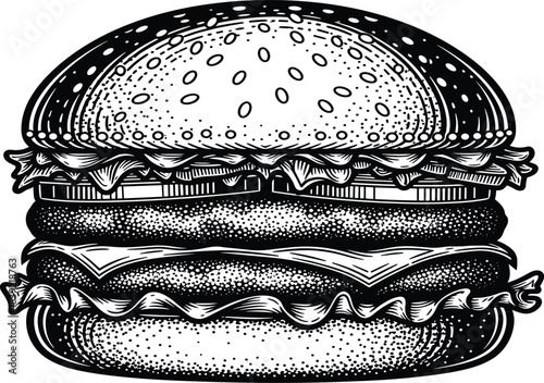 Classic cheeseburger illustration with lettuce and cheese, vintage black and white burger drawing, fast food art, detailed hamburger engraving design
