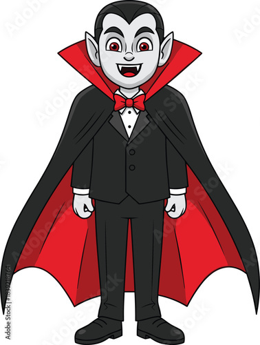 Classic cartoon vampire in black tuxedo and red cape – spooky Halloween character with fangs and pale skin, perfect for kids' events, parties, and horror themes