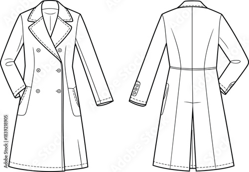 Classic long trench coat technical fashion drawing, front and back view, double breasted design with lapel collar, elegant outerwear flat illustration