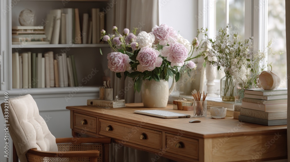 Fototapeta premium Wooden desk with a vase of pink and white flowers on top of it. the desk is in front of a window with white curtains, and there is a bookshelf on the left side of the image.