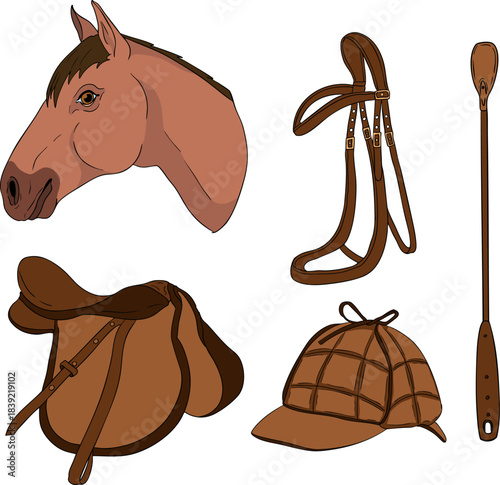 Vector colored elements of traditional horse hunting. For education materials, design 