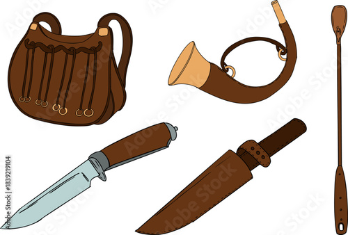 Vector colored elements of traditional horse hunting. For education materials, design 