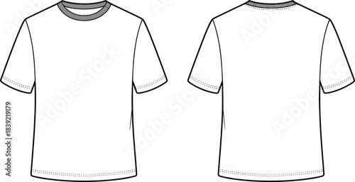 Classic short sleeve t-shirt technical flat sketch, front and back view, fashion cad drawing, minimal clothing design template, vector illustration mockup