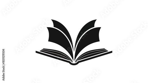 Vector illustration of open book with pages turning, black silhouette study guide