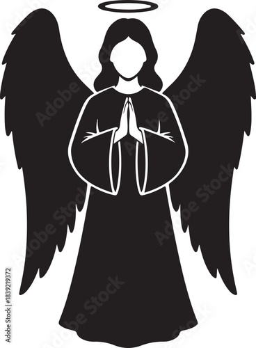 Black and white angel with praying hands and halo wings