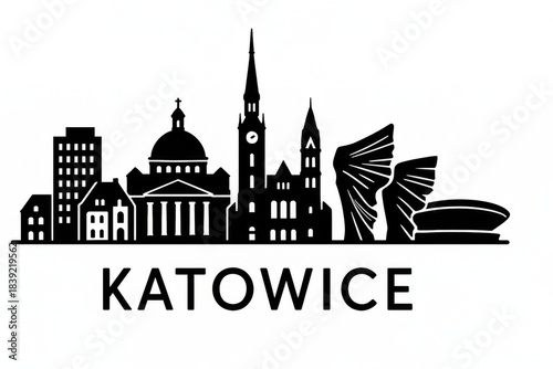 Katowice, Poland Panorama.black and white logo illustration