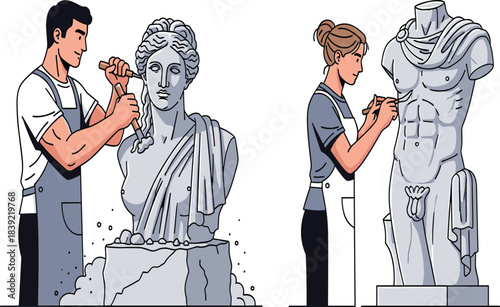 Classical sculpture artists, chiseling marble statues, male and female sculptors, artistic process, craftsmanship, anatomy, bust, torso, studio, stone carving