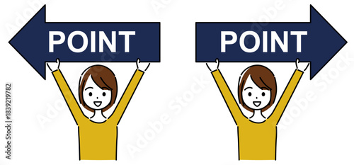 右向き、左向きの矢印を持つ笑顔の女性セット