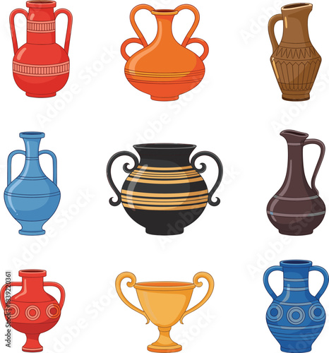 Collection of antique ceramic vases, colorful amphora illustrations, ancient pottery design, decorative clay vessels, vintage urns, historical art objects, museum-quality Greek Roman style