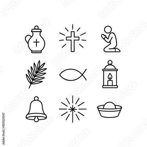 Collection of christian religious symbols in a simple line art style