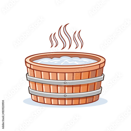 Steaming Water in Wooden Tub Hot Water Bath Relaxation