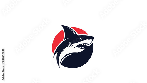 Vector illustration of aggressive shark logo, sharp teeth, red circle contrast