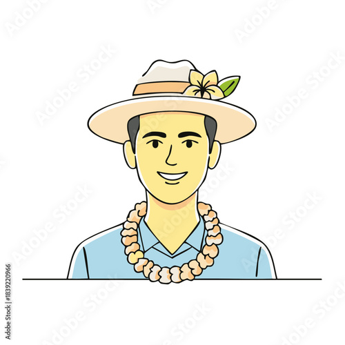 Cartoon Man with Lei and Hat Illustration, Hawaiian Holiday, Vacation Outfit, Tropical Flower