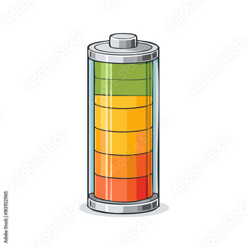 Illustration of a fully charged battery with colorful segments showing energy level