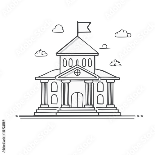 Hand-Drawn Architectural Building with Flag and Clouds Line Art Illustration