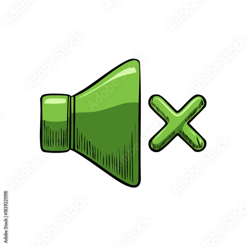 Green speaker icon with cross symbol showing sound off or mute notification cartoon style graphic