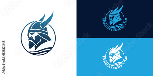 The design features a modern, stylized Viking head in a horned helmet outlined within a circle. Abstract waves beneath the chin symbolize swimming. The design is bold and simple.