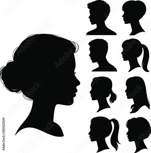 Collection of Silhouette Head Profiles with Different Hairstyles, Woman and Man, Side View, Concept of People Faces, Facial Features and Haircuts